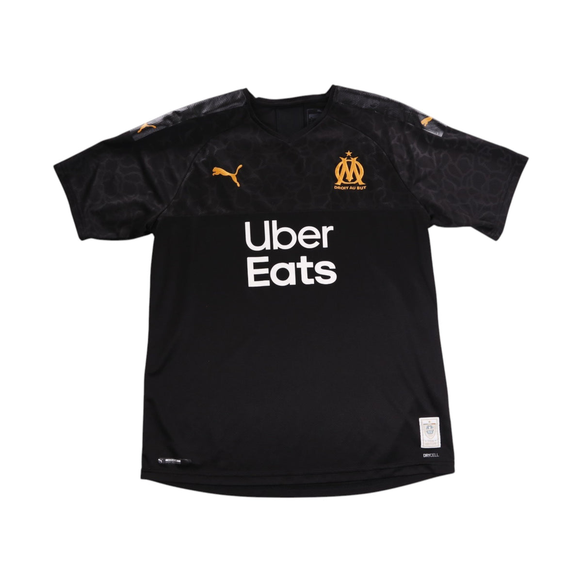 Front of black Olympique Marseille 2019/20 Puma third shirt with Uber Eats sponsor and OM crest