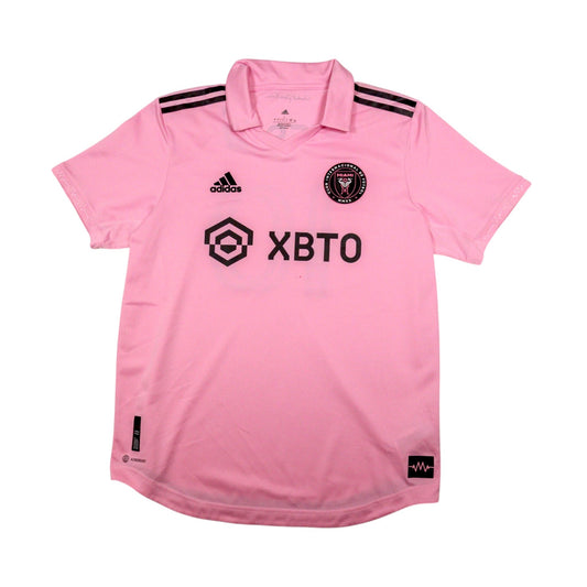 Pink Inter Miami CF home shirt front with adidas logo, Inter Miami crest and XBTO sponsor