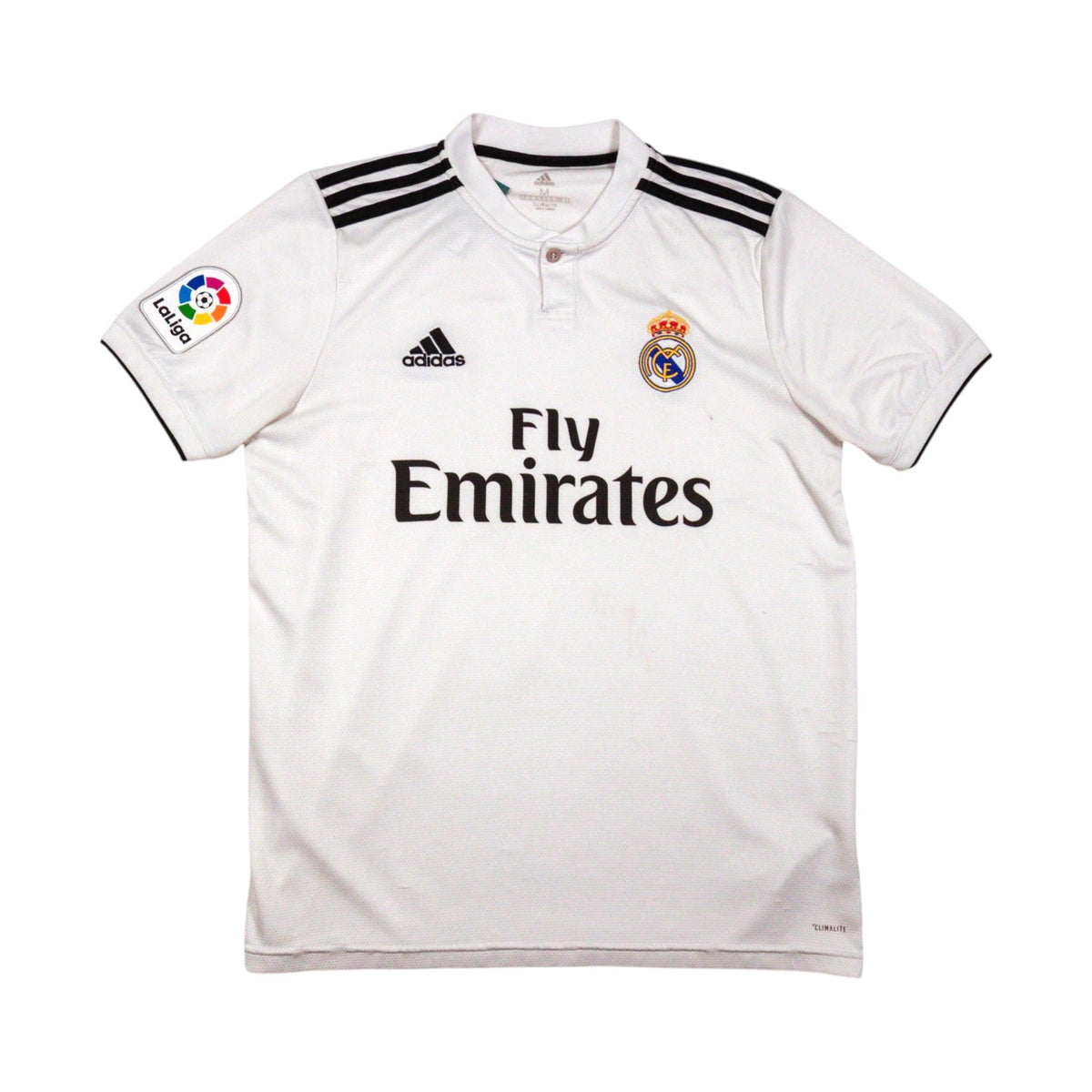 Real Madrid 2018/19 home shirt front view with Fly Emirates sponsor and adidas logo