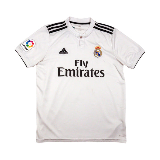 Real Madrid 2018/19 home shirt front view with Fly Emirates sponsor and adidas logo