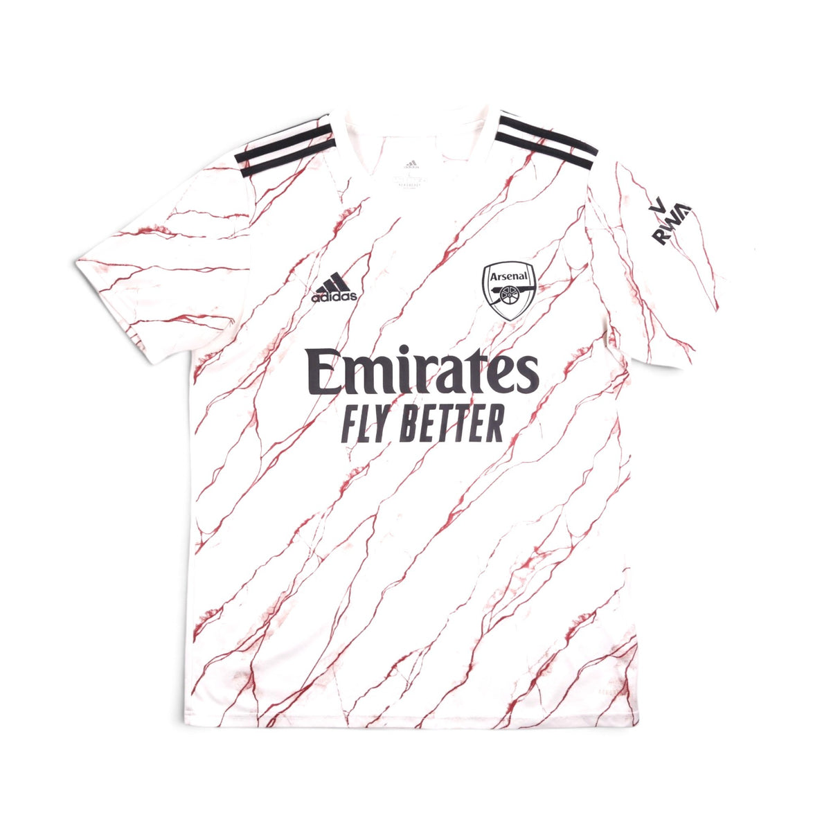 Arsenal 2020/21 adidas away shirt front, white with red marble print and Emirates sponsor