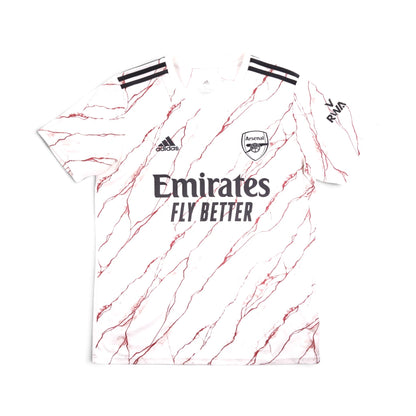 Arsenal 2020/21 adidas away shirt front, white with red marble print and Emirates sponsor