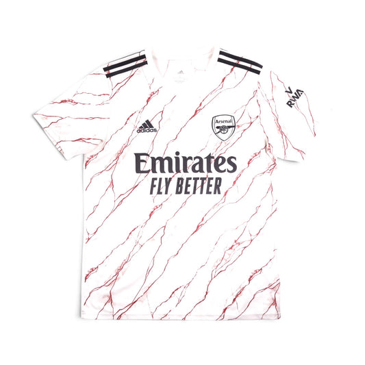 Arsenal 2020/21 adidas away shirt front, white with red marble print and Emirates sponsor