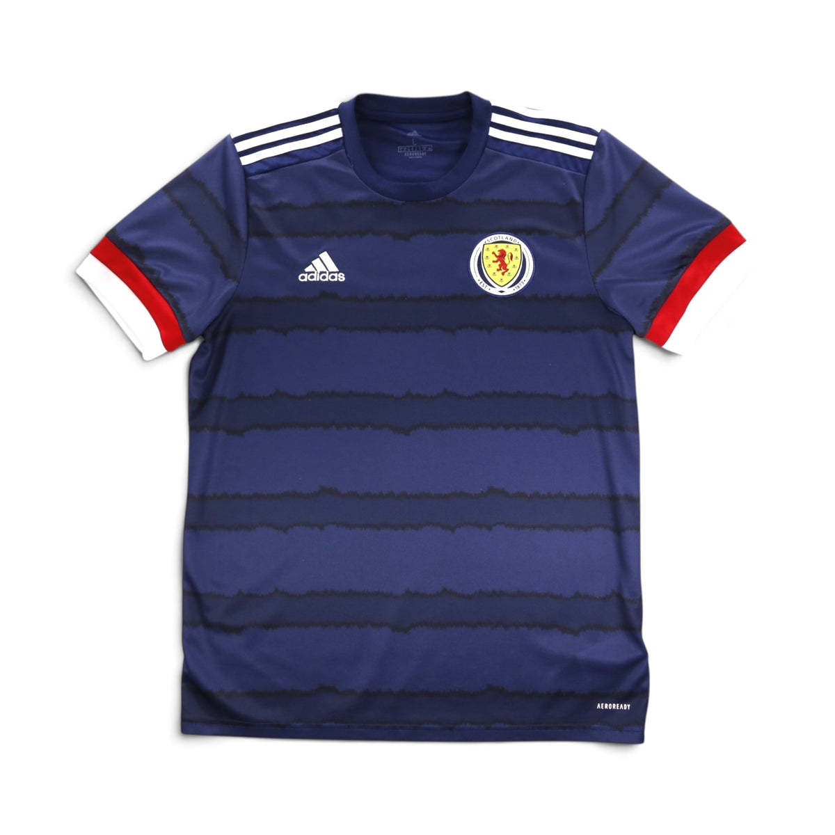Scotland 2020/21 adidas home shirt front view, navy with pinstripe pattern