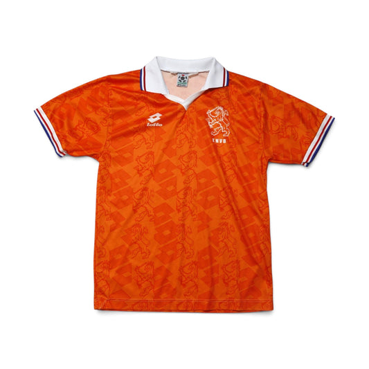 Netherlands 1994-96 home shirt front view, orange with lion print and KNVB crest