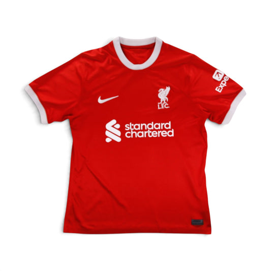 Liverpool 2023/24 home shirt front, red with Standard Chartered sponsor and Nike logo