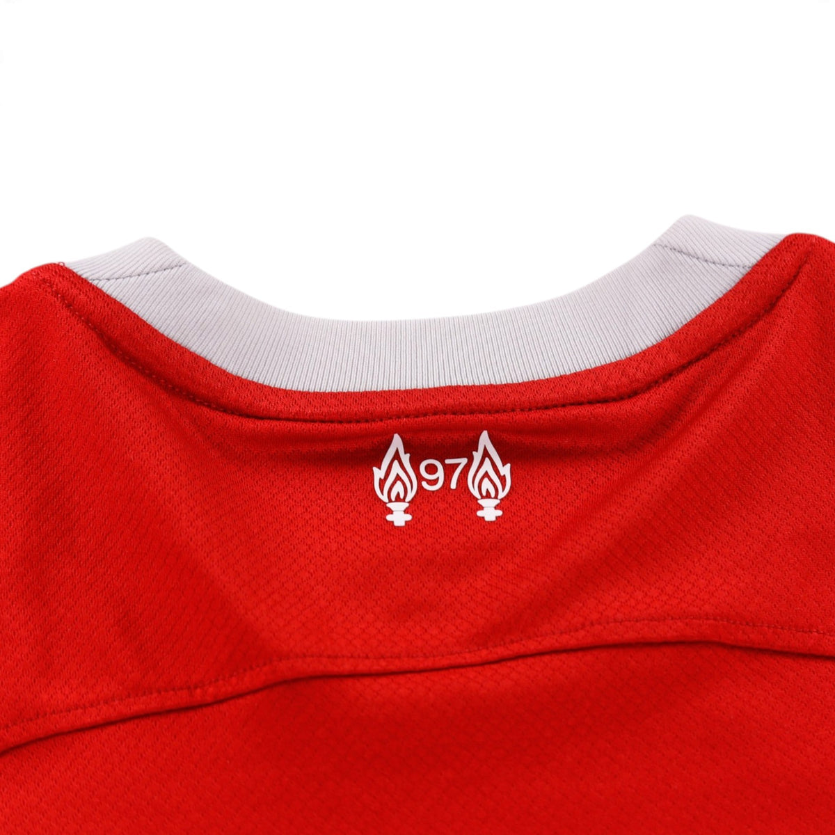 Close-up of the back collar showing the LFC '97' commemorative emblem