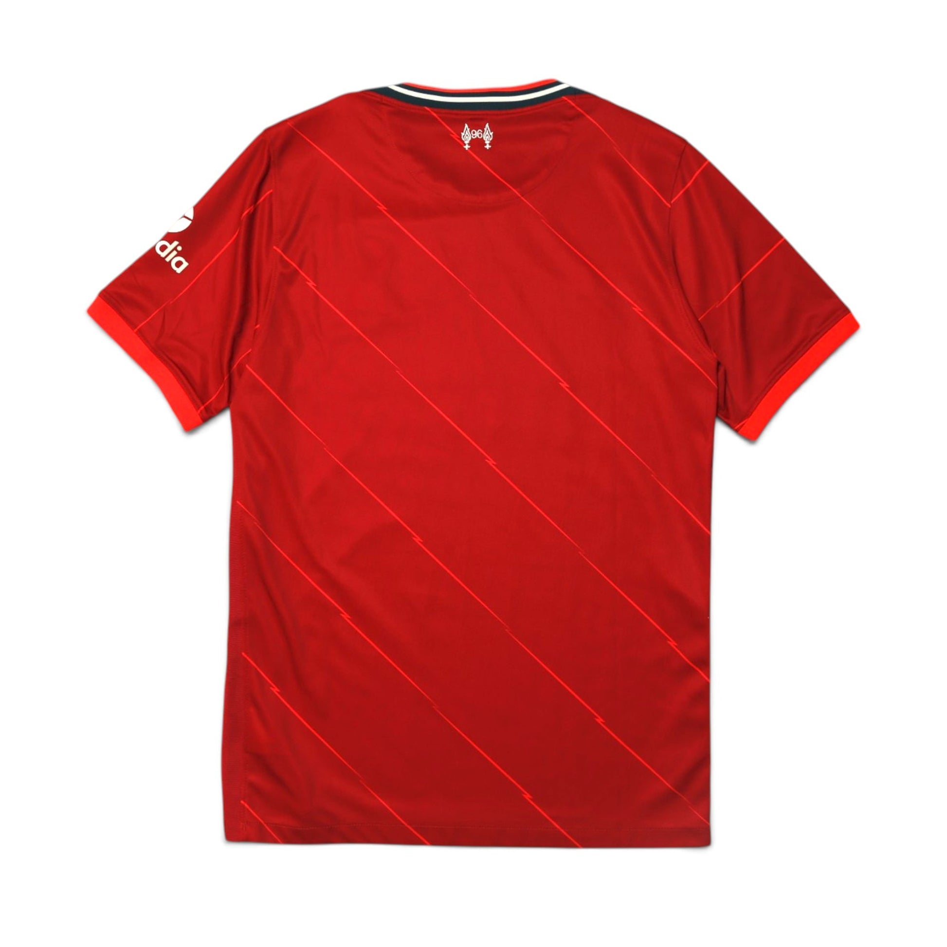 2021-22 Liverpool home shirt back view showing pinstripe design