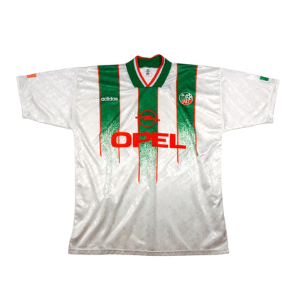 Republic of Ireland 1994 away football shirt, front view, white with green and orange trim and Opel sponsor