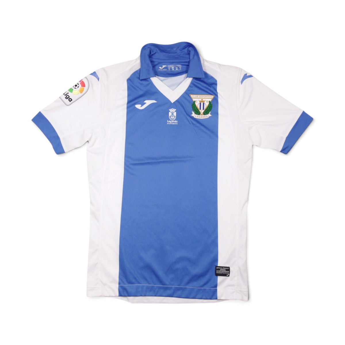 2017/18 CD Leganés home shirt front view, blue and white Joma jersey