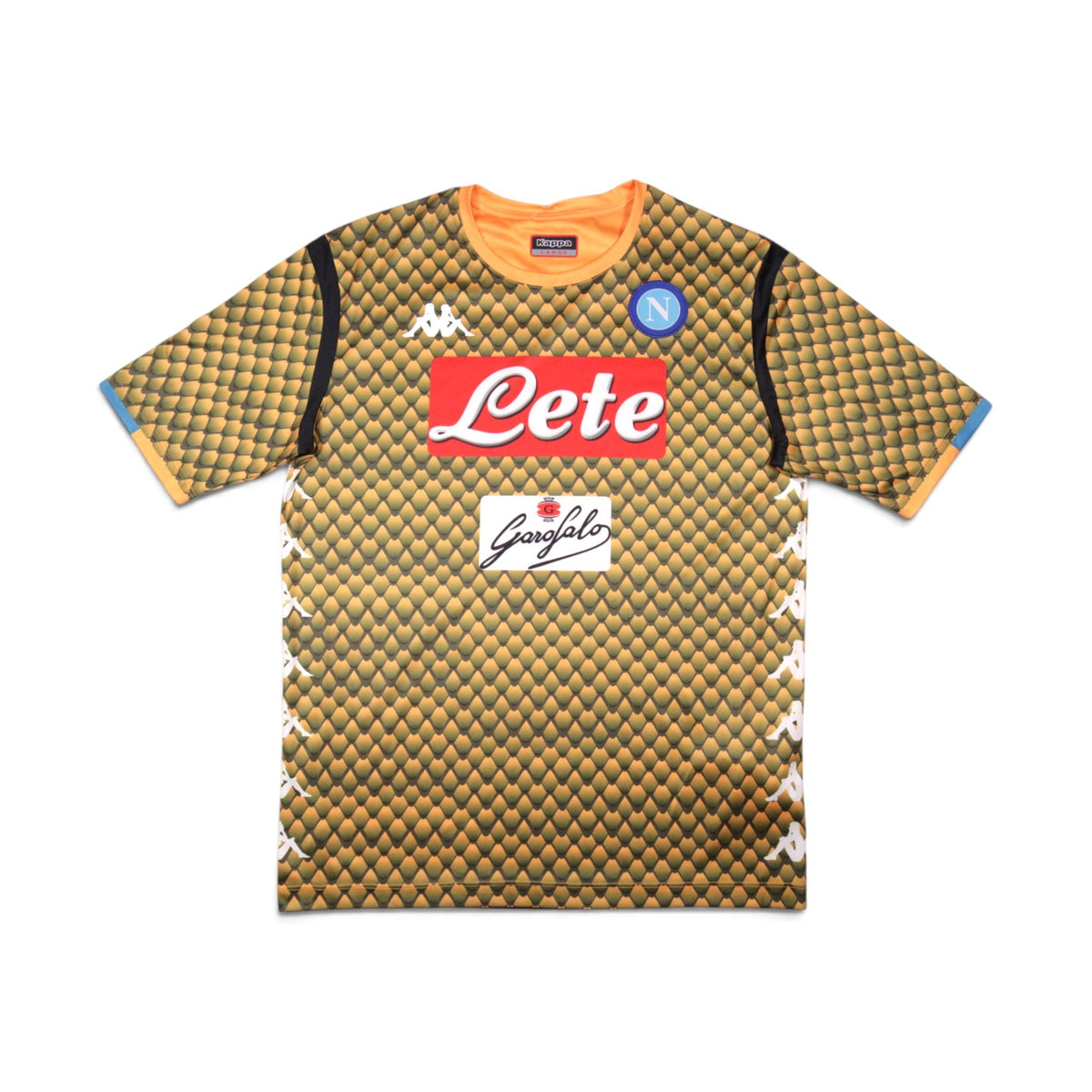 2018/19 Napoli goalkeeper shirt front view showing Kappa snake-scale print, Lete and Garofalo sponsors