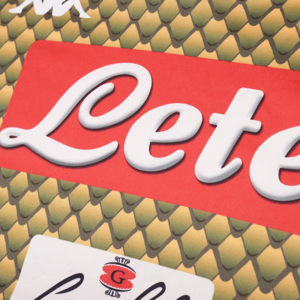 Close-up of the Lete and Garofalo sponsor logos on the front of the Napoli goalkeeper shirt