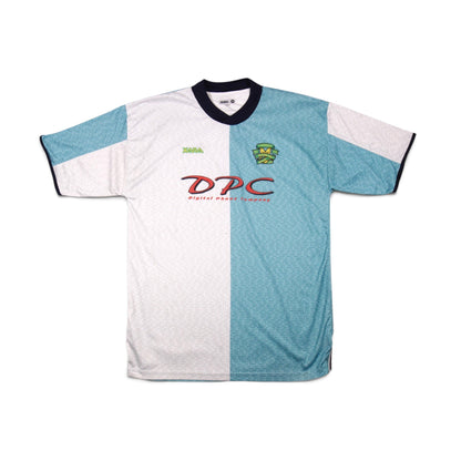 2002/03 Norwich City Centenary jersey front view showing split white and sky blue design with DPC sponsor logo
