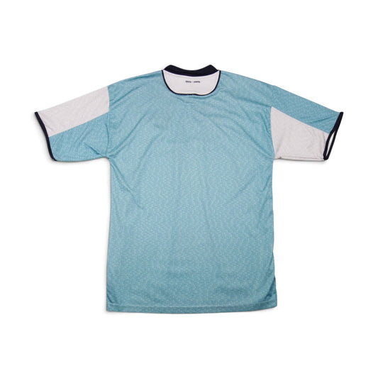 2002/03 Norwich City Centenary jersey back view showing panelled white, sky blue and navy trim design