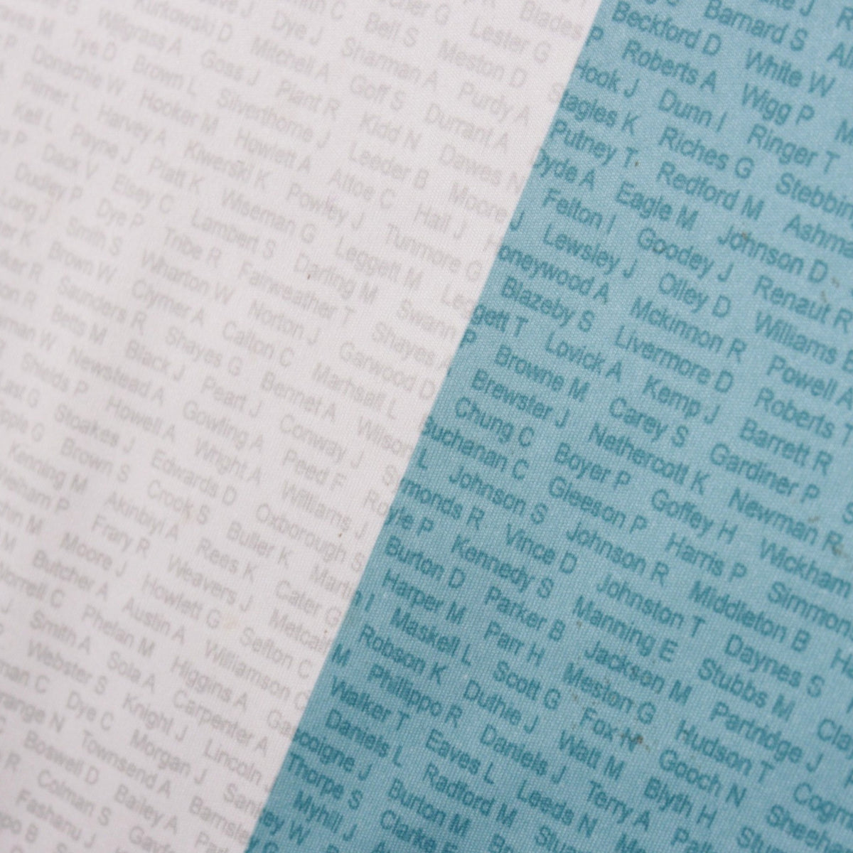 Close-up detail of the white and sky blue panel join showing the printed supporters' surname pattern