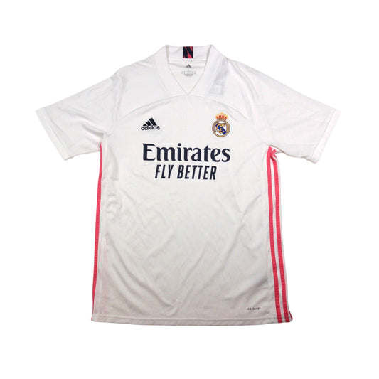 Front of 2020/21 Real Madrid home shirt with Emirates sponsor and crest