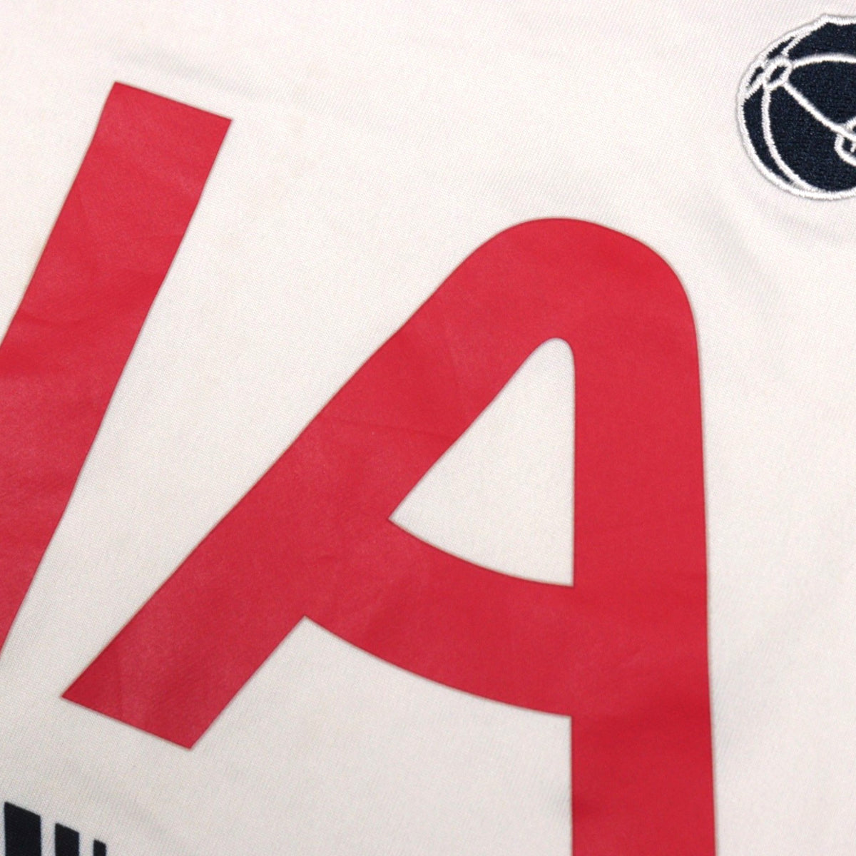 Close-up of the red AIA sponsor print and embroidered Tottenham cockerel crest on the chest