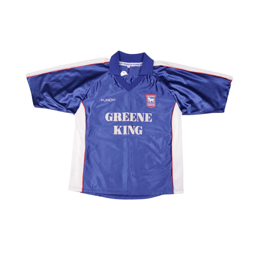 Ipswich Town home shirt front view with Greene King sponsor and Punch logo