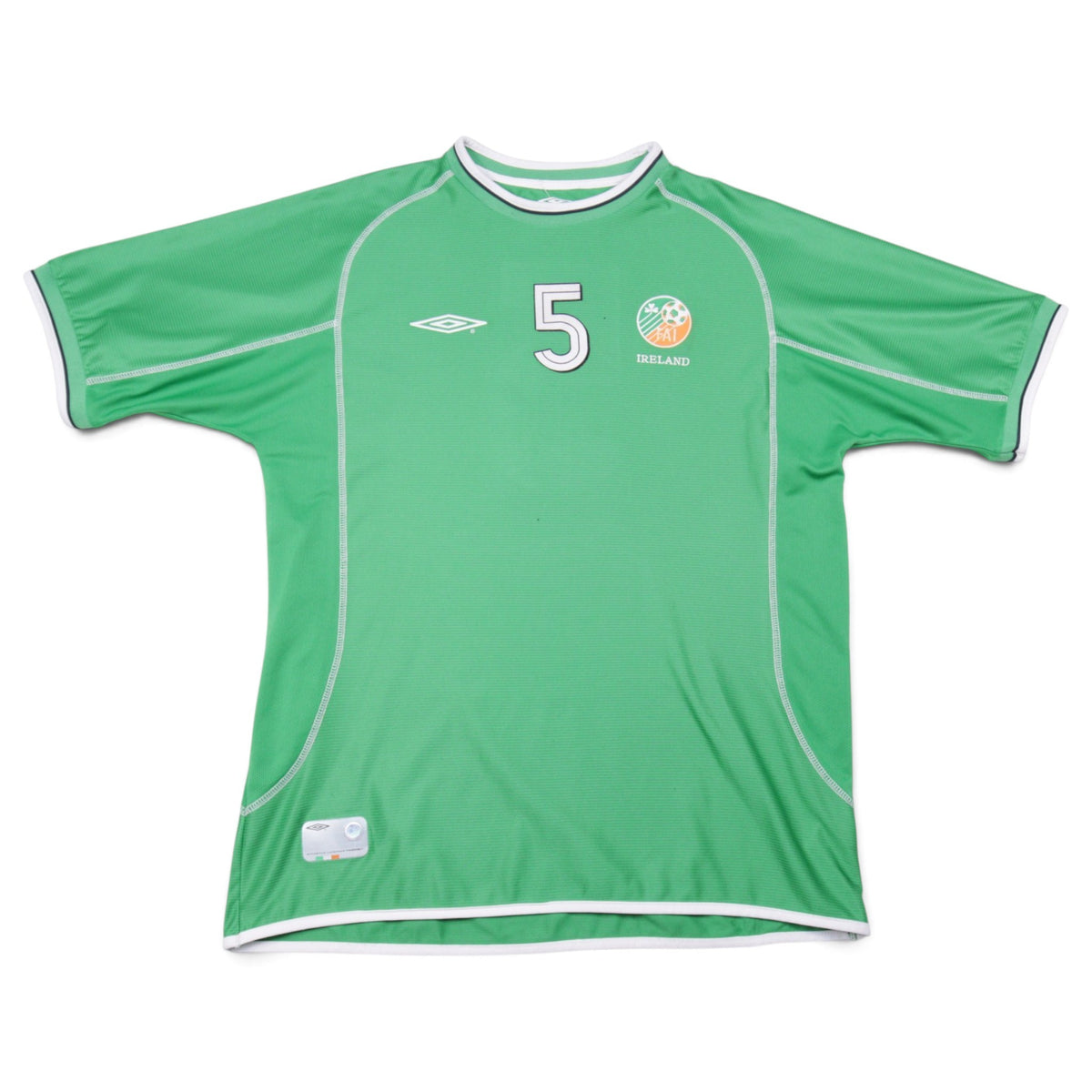 Ireland 2001/02 home shirt front view, number 5, green with white trim