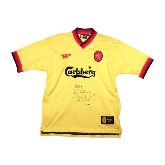 Liverpool 1997-98 Reebok away shirt, front view, yellow with red trim and Carlsberg sponsor