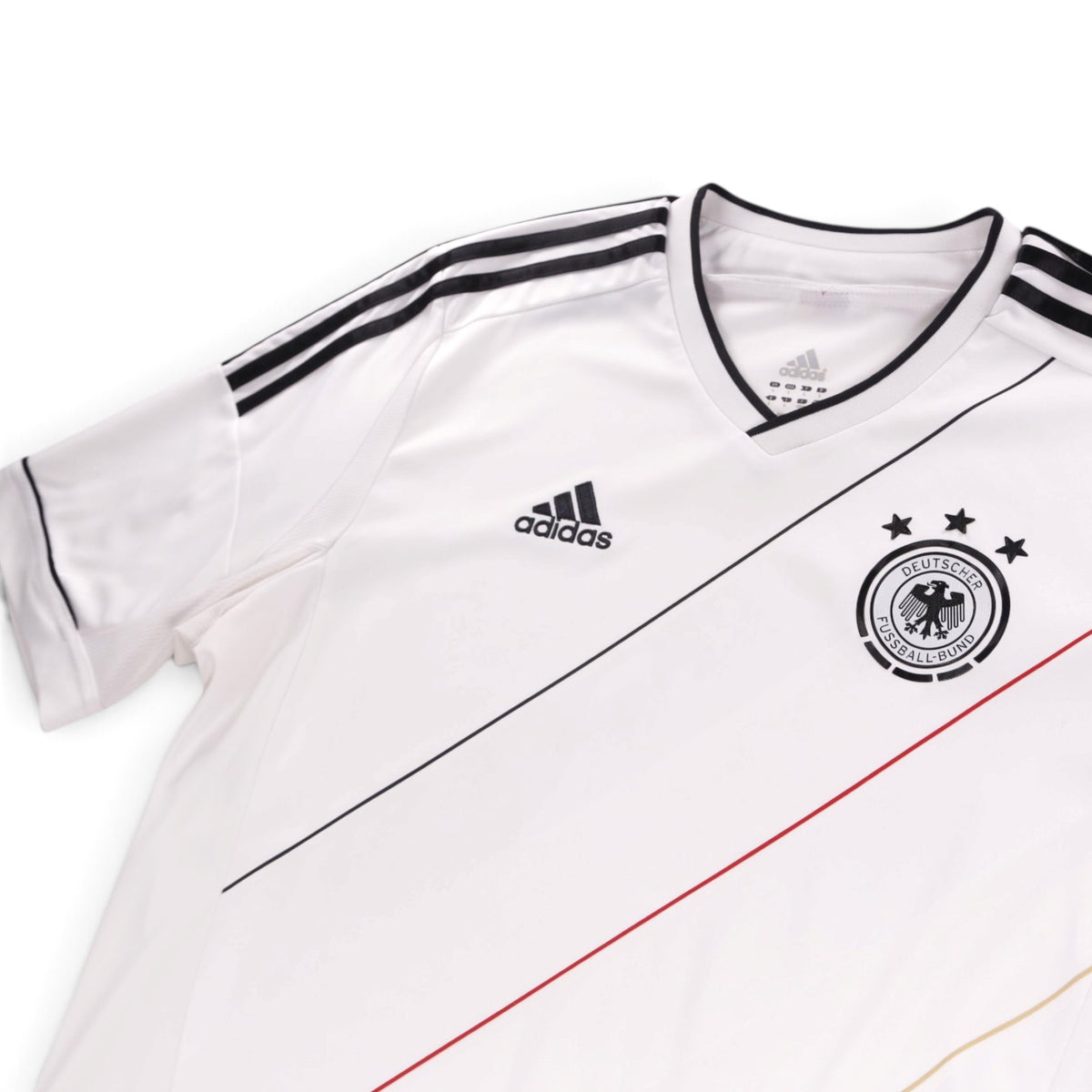 Close-up of adidas logo, DFB crest and collar on Germany 2012/13 home shirt