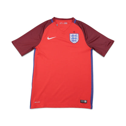 2016/17 England away shirt front view, red with maroon sleeves and FA crest