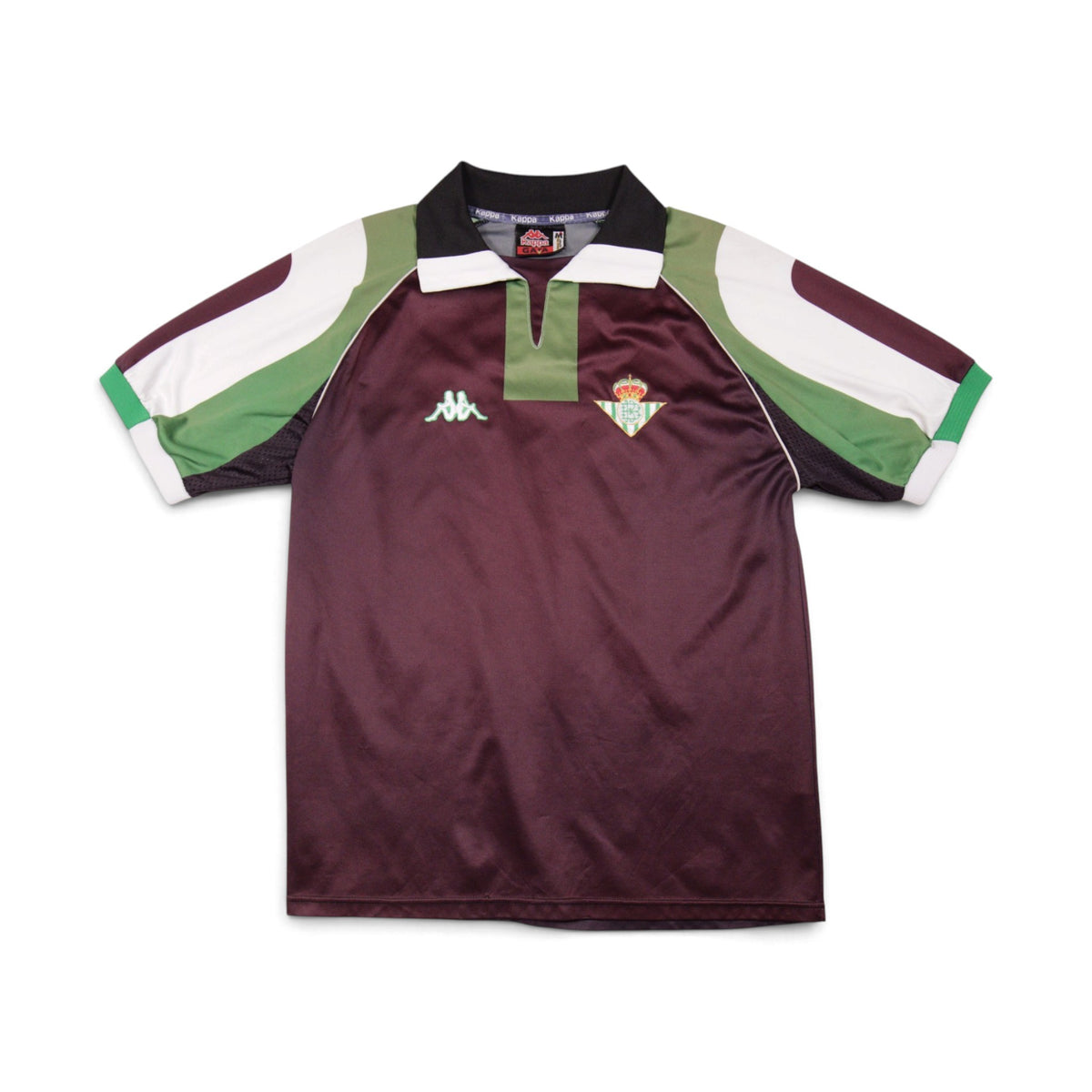 1998/99 Real Betis away shirt front view, maroon with green and white sleeves