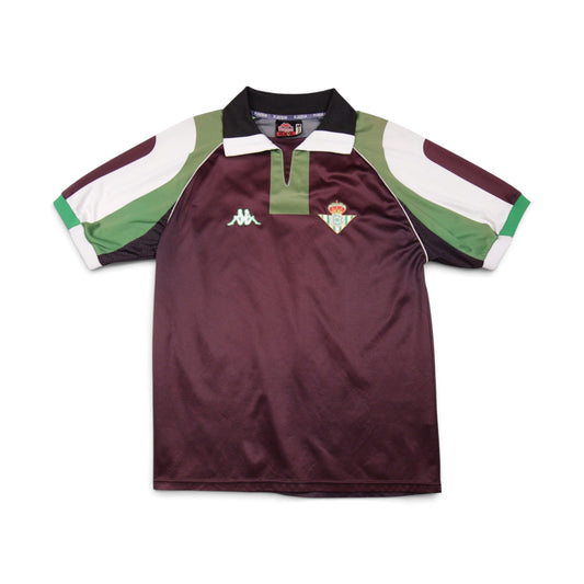 1998/99 Real Betis away shirt front view, maroon with green and white sleeves