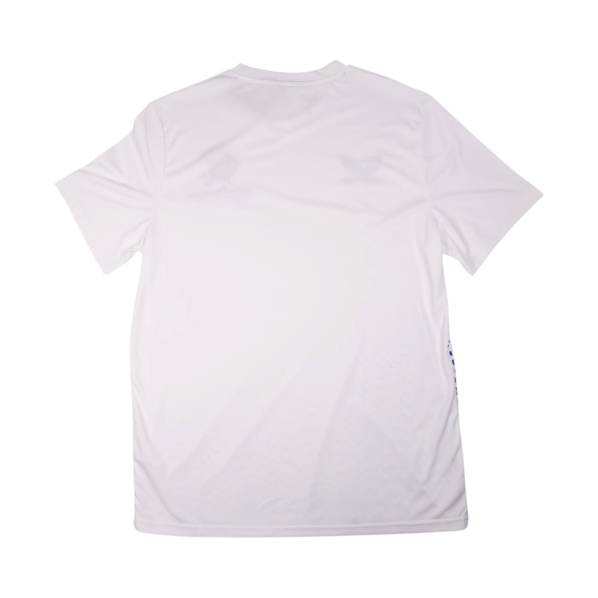 Back of white Rangers training shirt showing blue fade pattern at hem