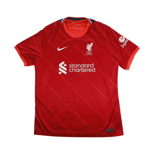 Liverpool 2021-22 home shirt front with Standard Chartered sponsor and Nike logo