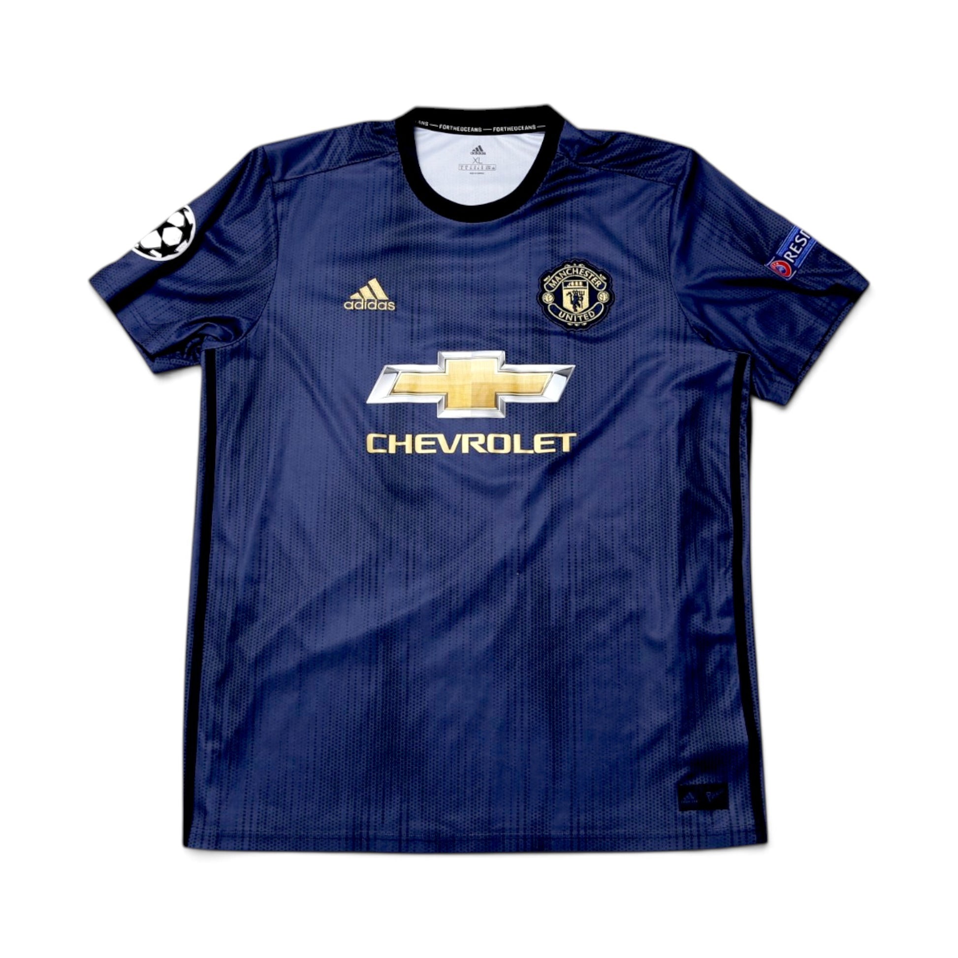 2018/19 Manchester United third shirt front view, navy with Chevrolet sponsor and Adidas logo