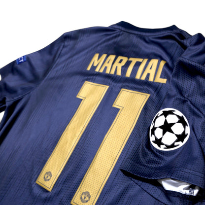 Close-up of Martial 11 print and Champions League sleeve badge on 2018/19 Manchester United third shirt