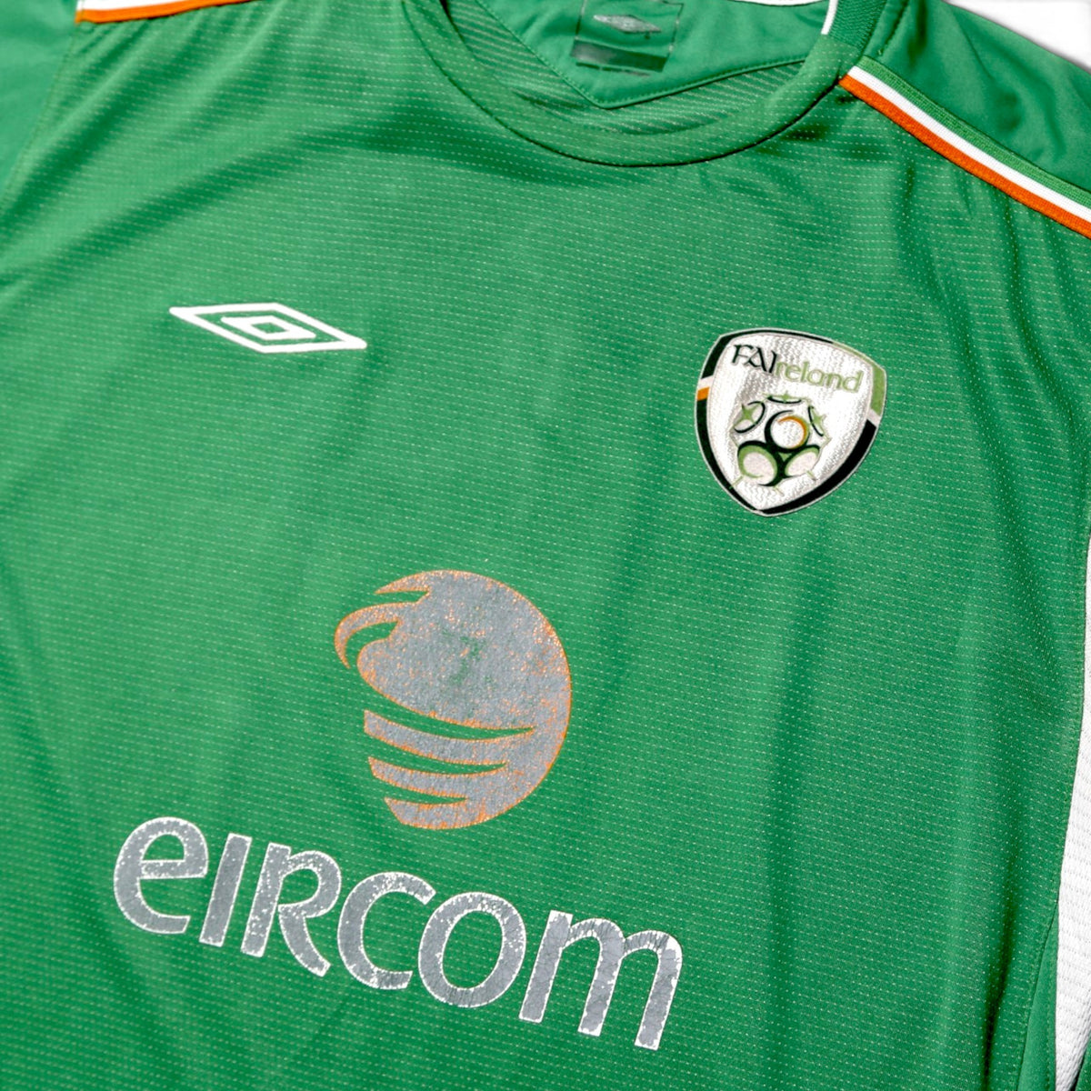 Close-up of Republic of Ireland shirt crest and eircom sponsor print