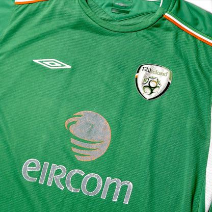 Close-up of Republic of Ireland shirt crest and eircom sponsor print