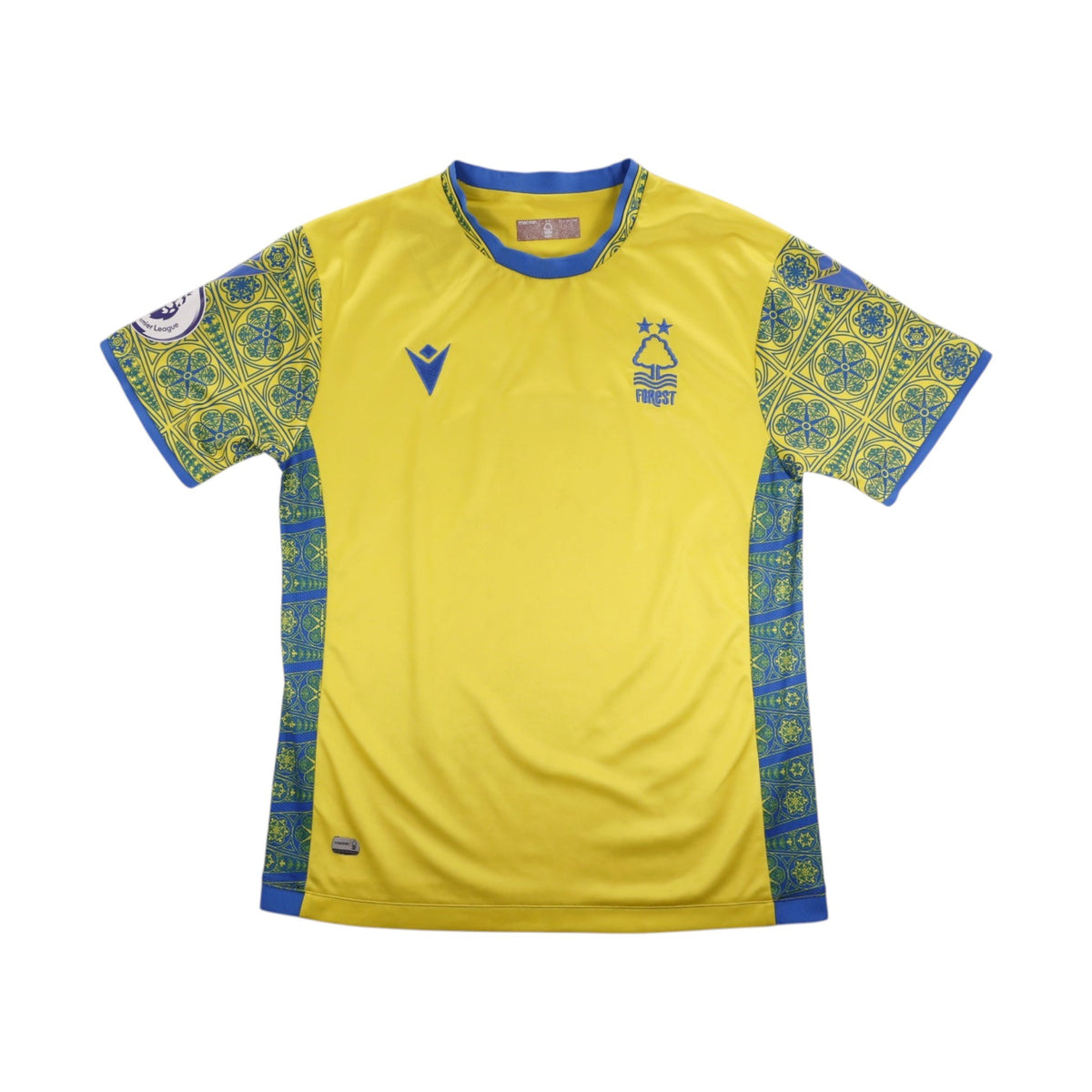 Front of yellow Nottingham Forest away shirt with blue collar and Macron logo