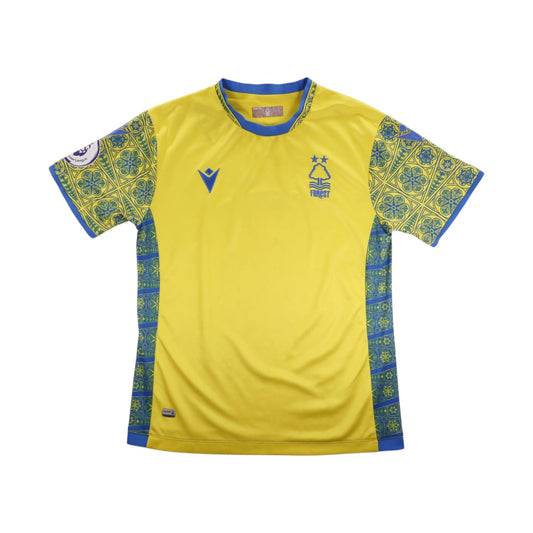 Front of yellow Nottingham Forest away shirt with blue collar and Macron logo