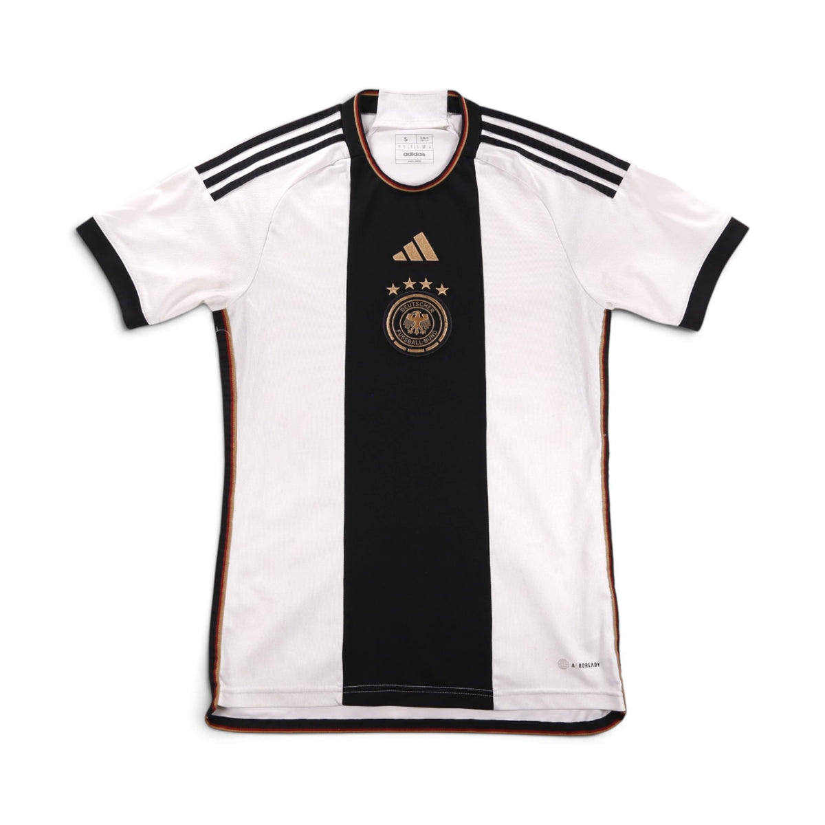 Front of white and black 2022/23 Germany home shirt by adidas with DFB crest