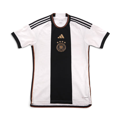 Front of white and black 2022/23 Germany home shirt by adidas with DFB crest