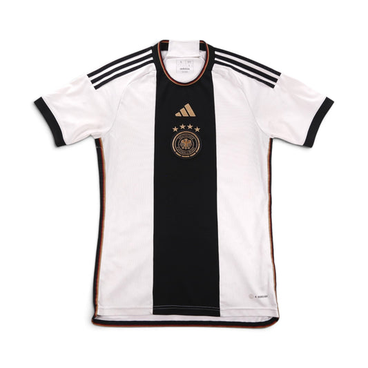 Front of white and black 2022/23 Germany home shirt by adidas with DFB crest