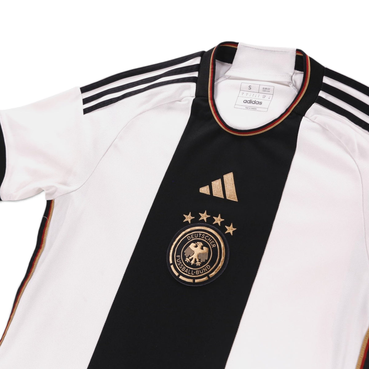 Close-up of collar, neck label and adidas logo with DFB crest on Germany home shirt