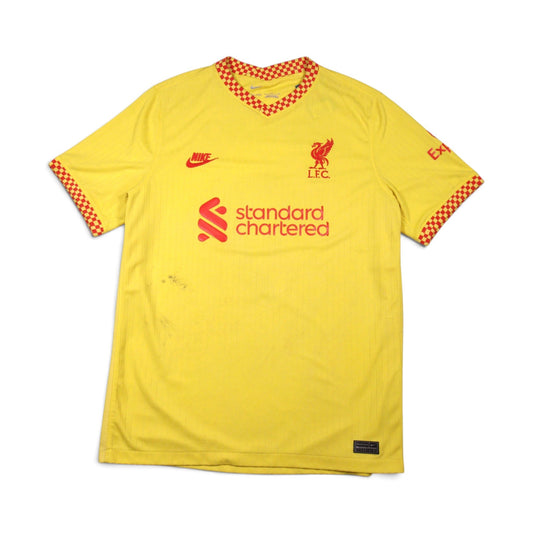 2021/22 Liverpool third shirt front, yellow with red trim and Standard Chartered sponsor