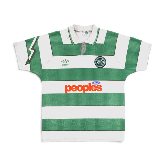 1991/92 Celtic home shirt front view, green and white hoops with Peoples sponsor