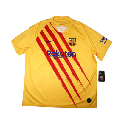 Barcelona 2019/20 Nike fourth shirt front, yellow with red diagonal stripes and Rakuten sponsor