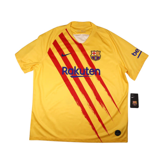 Barcelona 2019/20 Nike fourth shirt front, yellow with red diagonal stripes and Rakuten sponsor