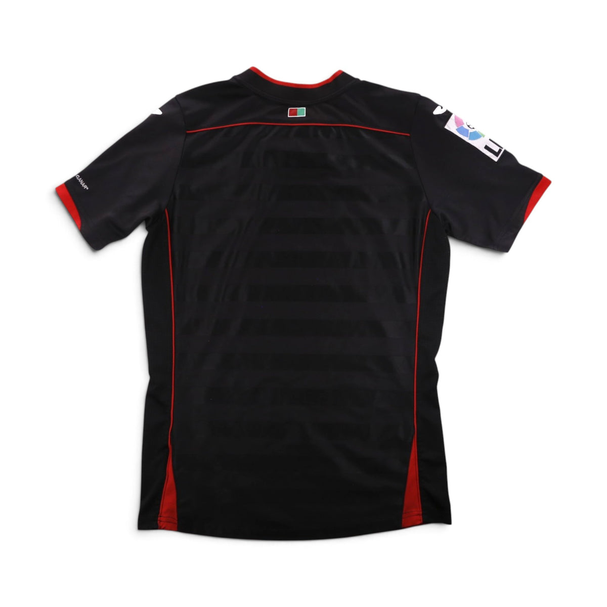 Back collar detail showing small Spanish flag patch and La Liga sponsor patch on sleeve