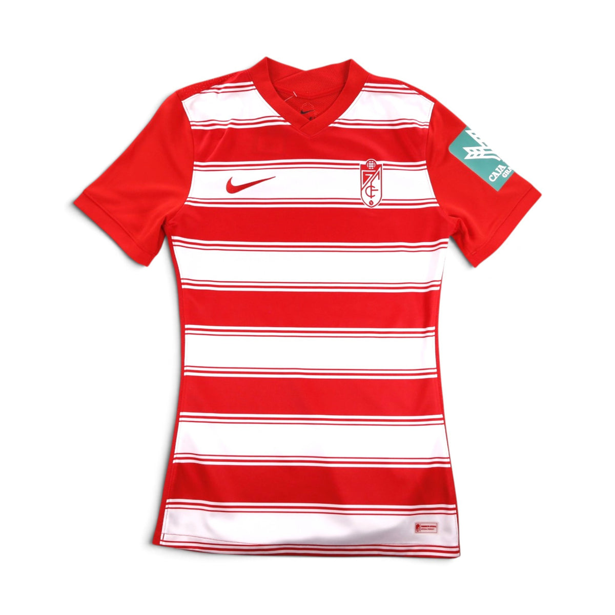 Granada 2021/22 home shirt front view, red and white hooped design with Nike swoosh and crest