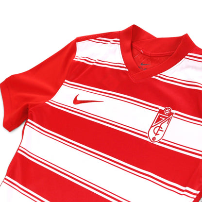Close-up of Granada 2021/22 home shirt collar, Nike swoosh and crest detail