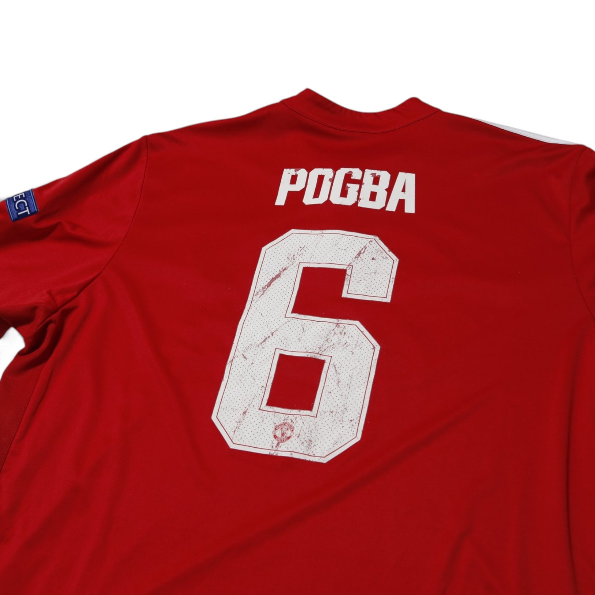 Close-up of Pogba #6 printing on Manchester United 2017-18 home shirt