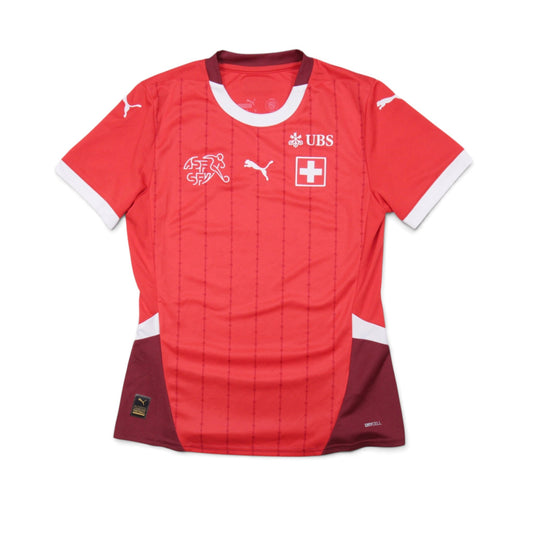 Front view of 2024/25 Switzerland home shirt with UBS sponsor and Swiss cross crest