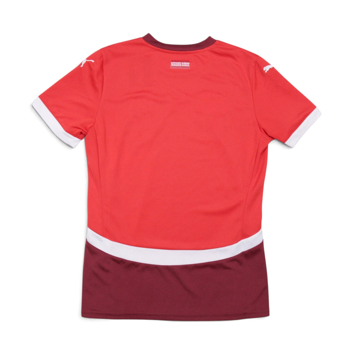 Back view of 2024/25 Switzerland home shirt showing plain red and maroon design